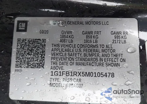 2021 Chevrolet Camaro Rwd 1Ls z USA, uszkodzony, nr VIN 1G1FB1RX5M0105478